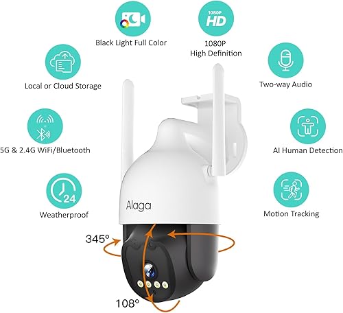 Miniatura 2 de Alaga Cámara de seguridad para exteriores, visión nocturna a todo color con luz negra, cobertura detallada de 360, WiFi 5G y 2.4G, seguimiento de