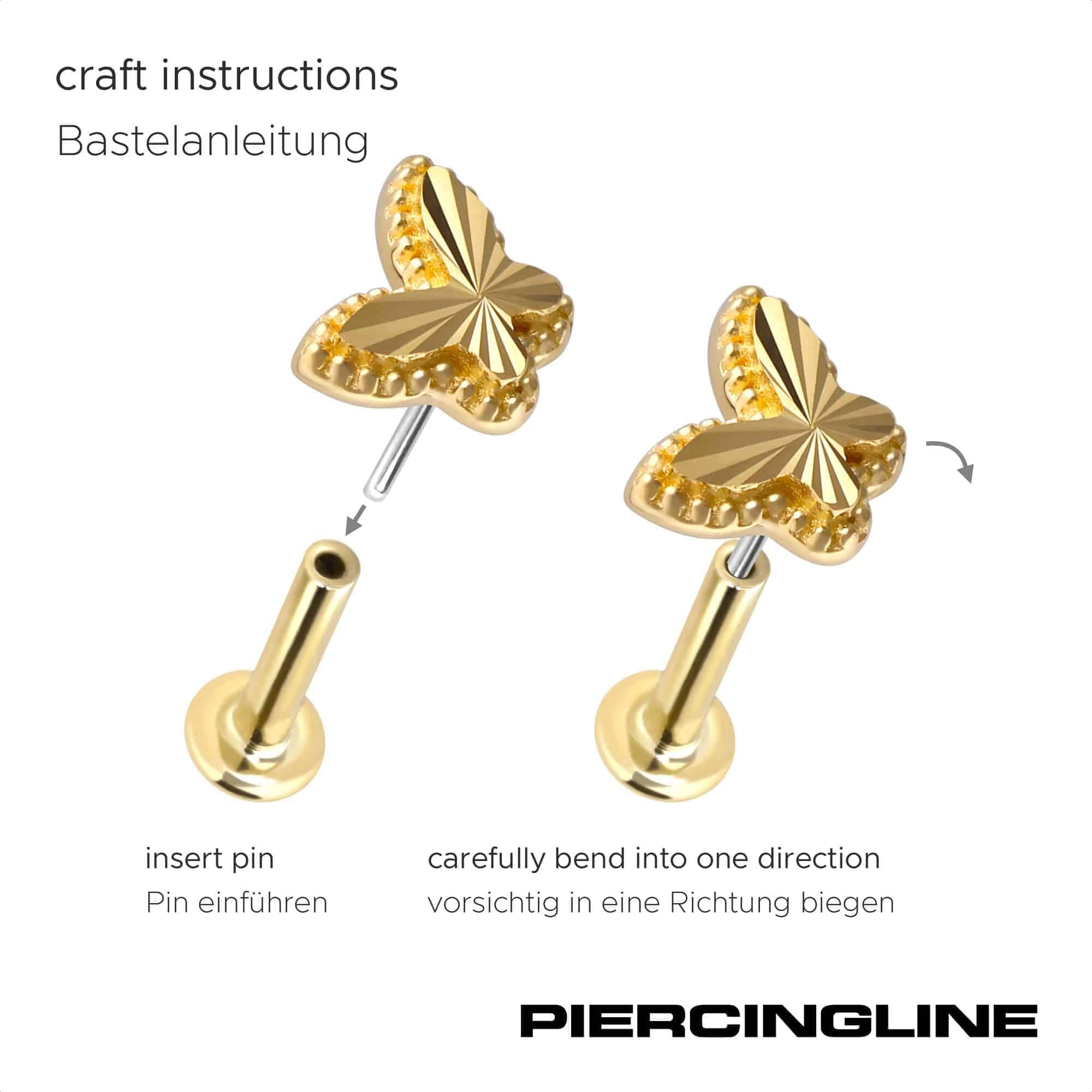 PIERCINGLINE Piercing Stecker 14 Gold Labret mit Push Fit SCHMETTERLING 585er Gold - Roségoldfarben, Goldfarben, Silberfarben