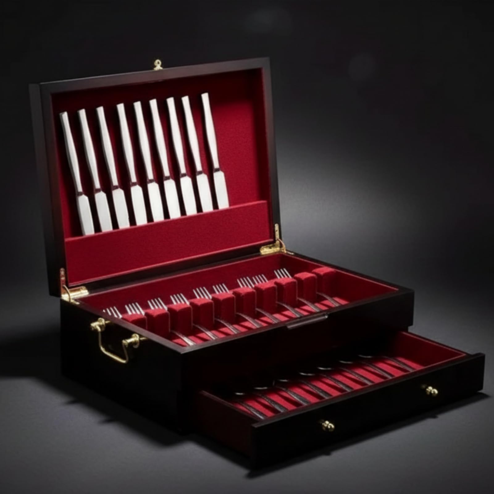 Coffret à Couverts en Bois Multi Couches Boîte Rangement Organisateur Intérieur Feutre Rouge Protection Anti Rayures Tiroir Ample Fermeture Sûre