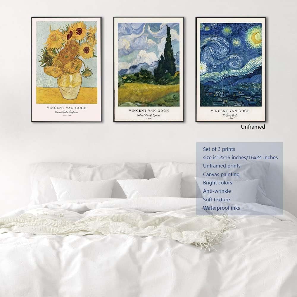 Vincent Van Gogh Wall Art Vangogh Sunflowers Starry Night Canvas Wall Decor Famous Artist Posters Prints Impressionist Pictures Painting Gallery Artwork for Living Room Bedroom Decoration 16x24inchx3