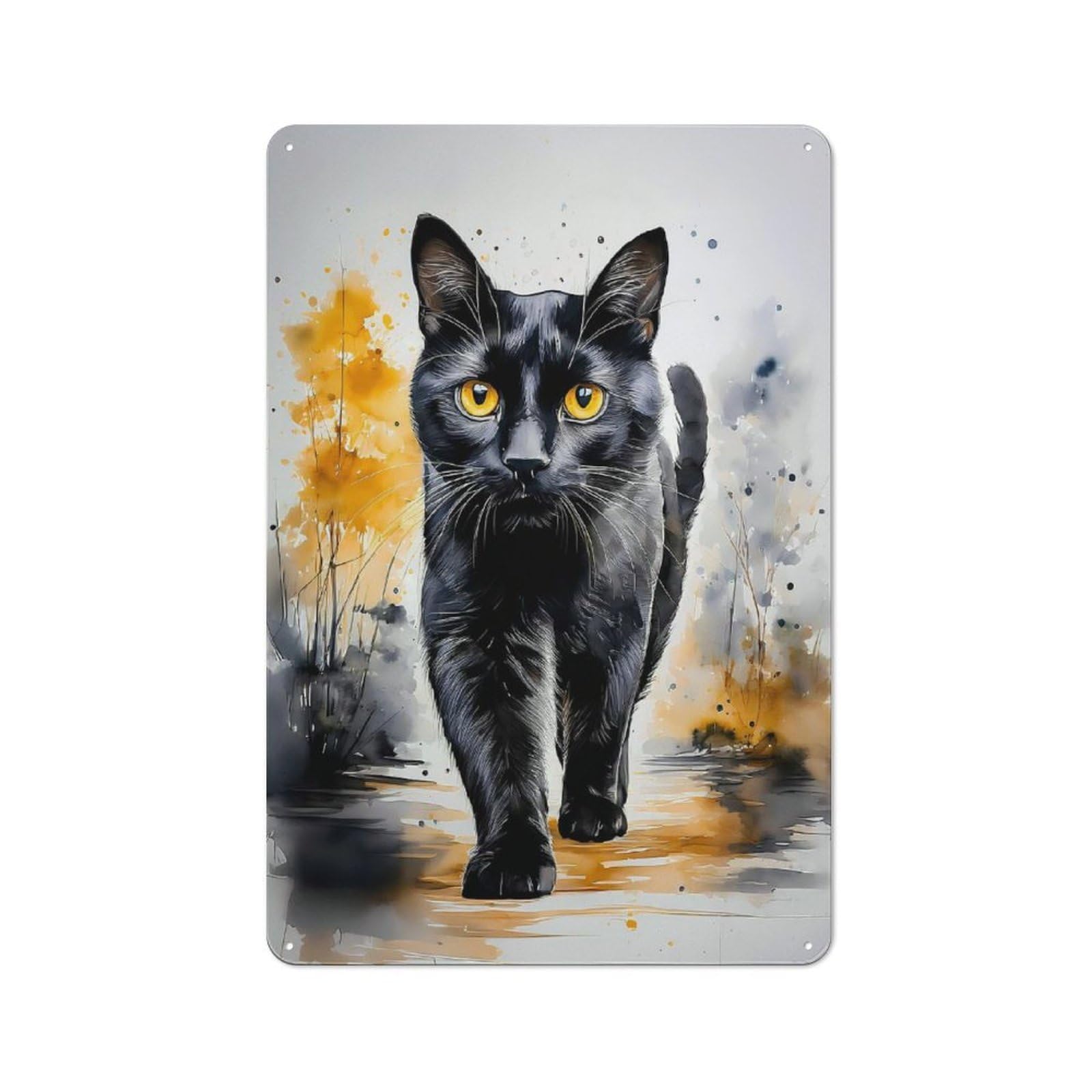 Black Cat Watercolor Tin Wall Sign, Bright Printed Design, for Dining Room, Entrance, Cafe Or Christmas Corner, 30x20cm