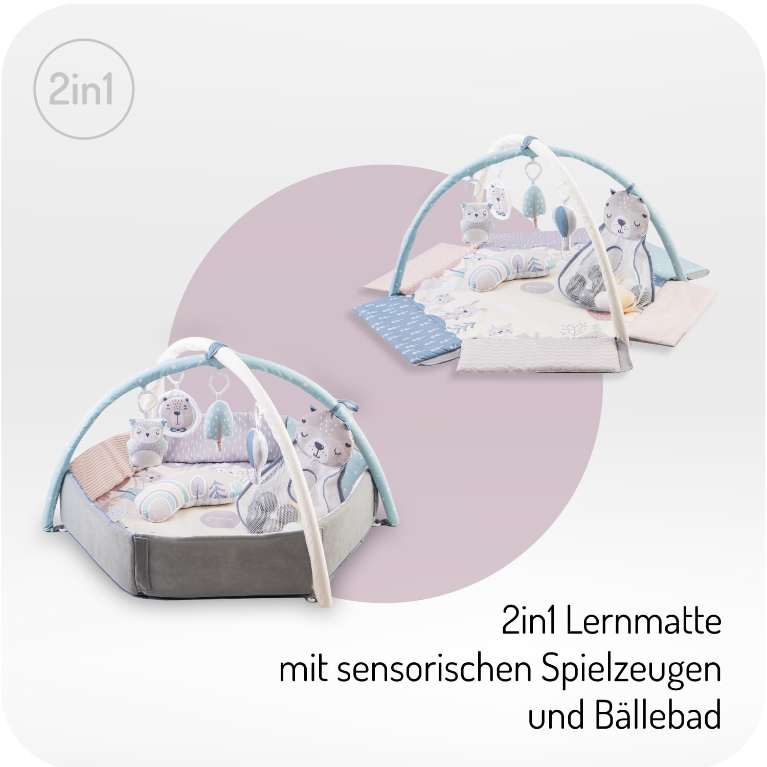 MoMi PASTEL Spielbogen mit Krabbelmatte 3-in-1 für Babys ab der Geburt, sensorische Aktivitätsmatte mit 2 Bogen, Bällchen-Bad, 5 Spielzeugen, 20 Bällchen mit Tasche, Krabbelkissen