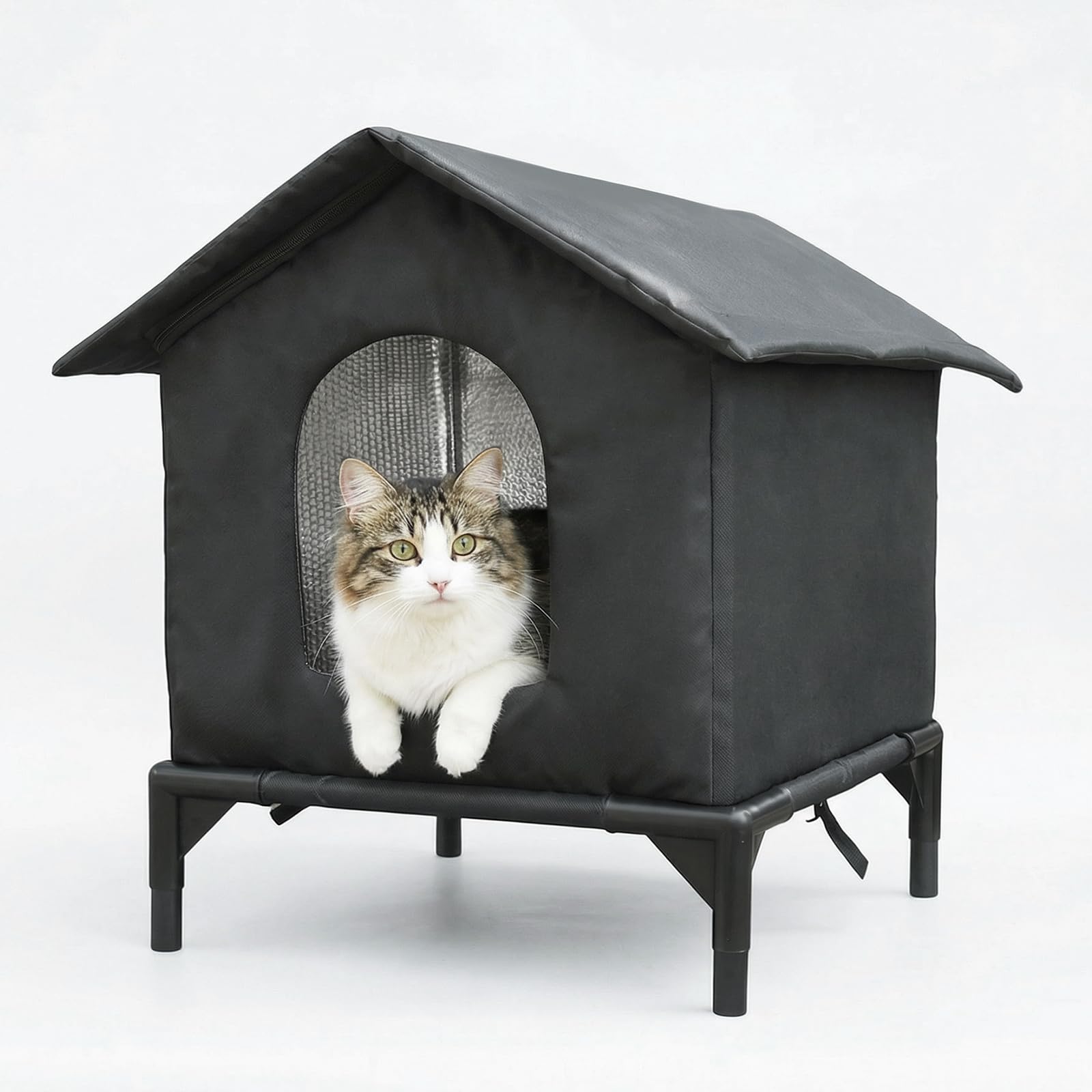 Outdoor Cat House Weatherproof - Large Cat House for Indoor & Outdoor, Waterproof & Insulated, Portable Collapsible Cat Shelter with Elevated Base for Patio Backyard Garden in Summer(Black)