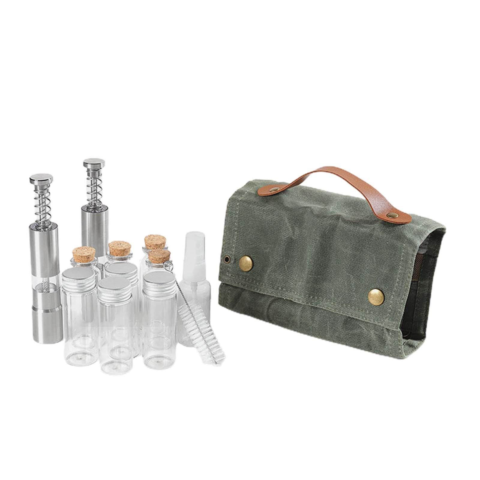 12 Teiliges Camping Gewürzset mit Gewürzbehältern, Aufbewahrungstasche Aus Canvas, 8 Glasbehältern, Pfeffermühlen Und 1 Ölspray für Angeln Und Grillen, GRÜN