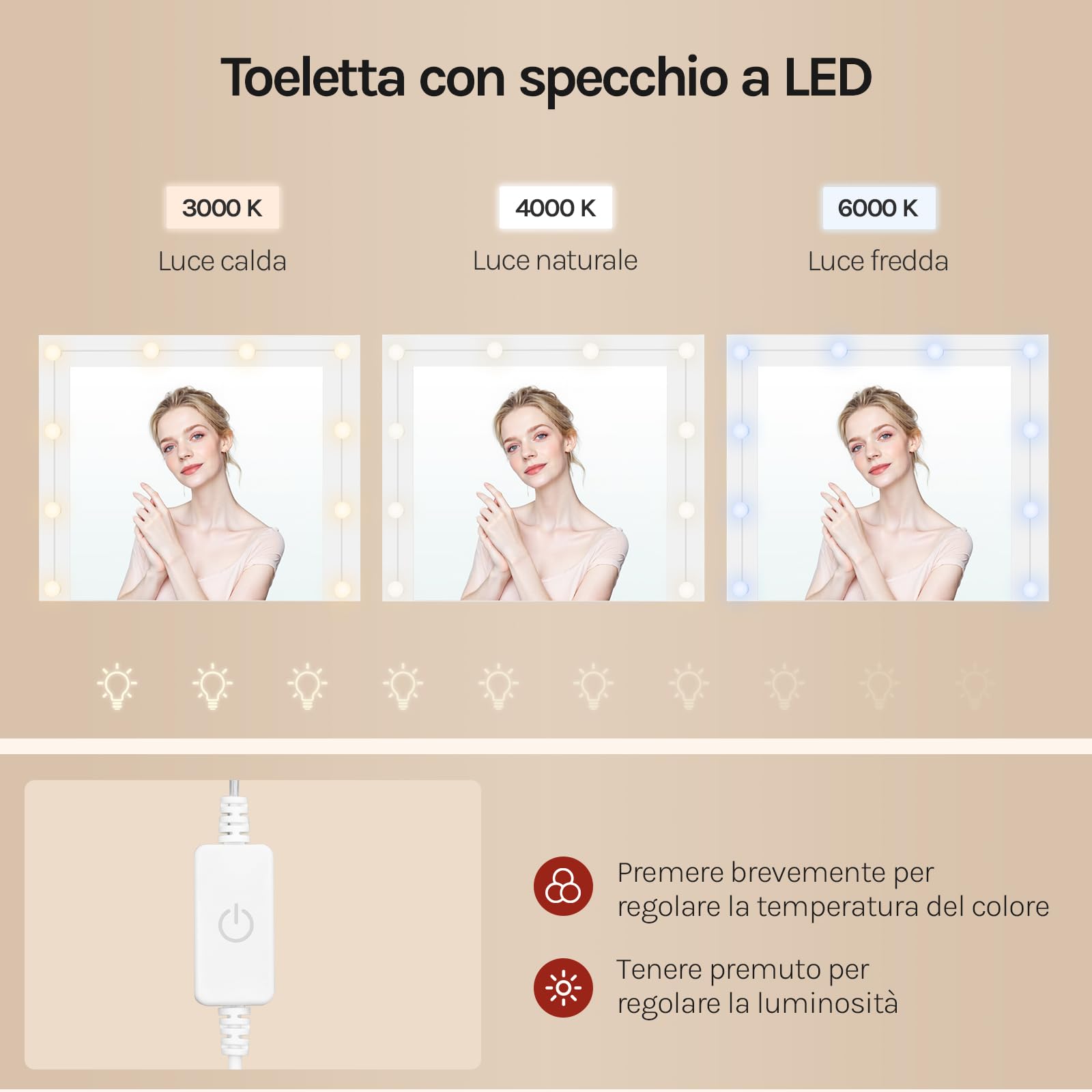 WOLTU Grande toeletta da trucco, Toeletta con Specchio e Luci, Tavolo da trucco con specchio, Postazione Trucco con 7 cassetti per Camera da Letto, bianco, 107 cm