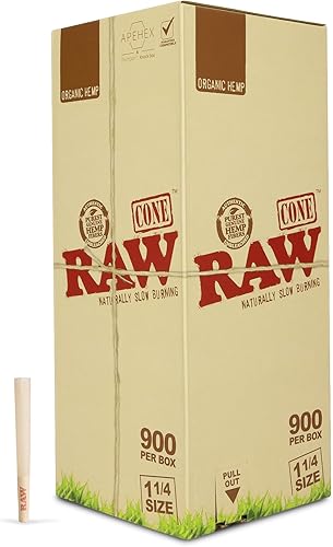 RAW Cones Organic 1-14 Tamaño 900 unidades Papel de liar pre-enrollado patentado de combustión lenta con puntas, papel crudo orgánico, 3.307 in
