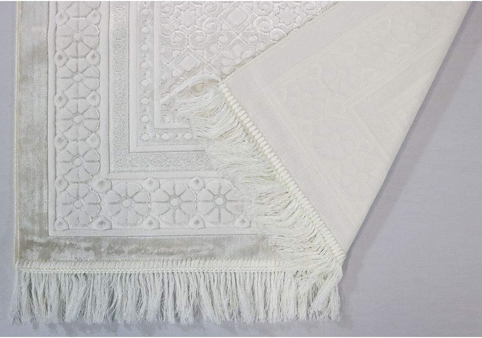 Modefa Velvet Prayer Rug - Soft Plush Turkish Janamaz Sajada Carpet for Men and Women - Plain Solid Prayer Mat Ramadan Eid Gift - with Prayer Beads - Luxury Floral Stamp (White)