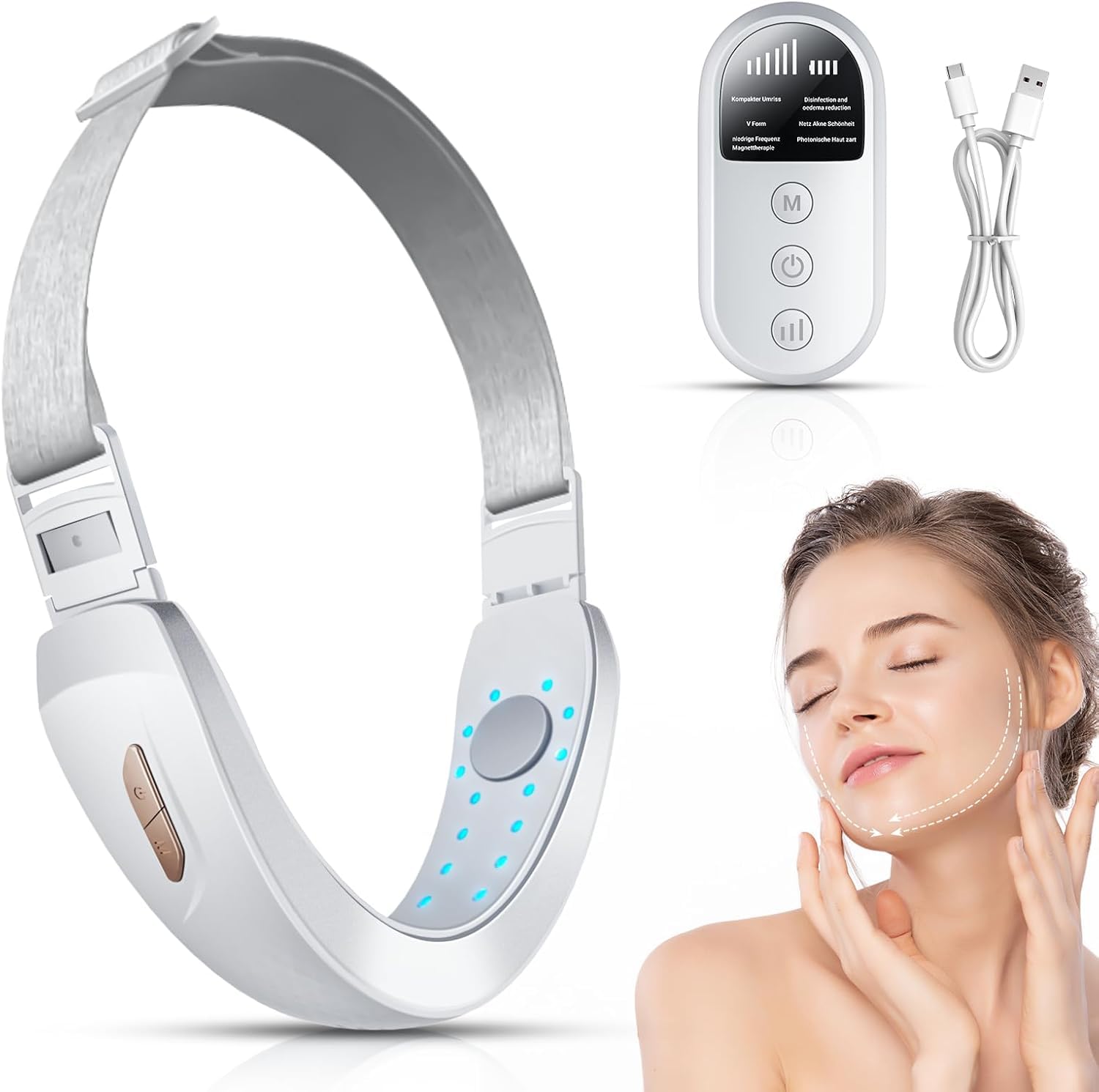 Aparato de elevación facial, EMS masaje facial, 6 modos V-Face Shaping Masajeador eléctrico, masaje facial con luz roja y azul con mando a distancia