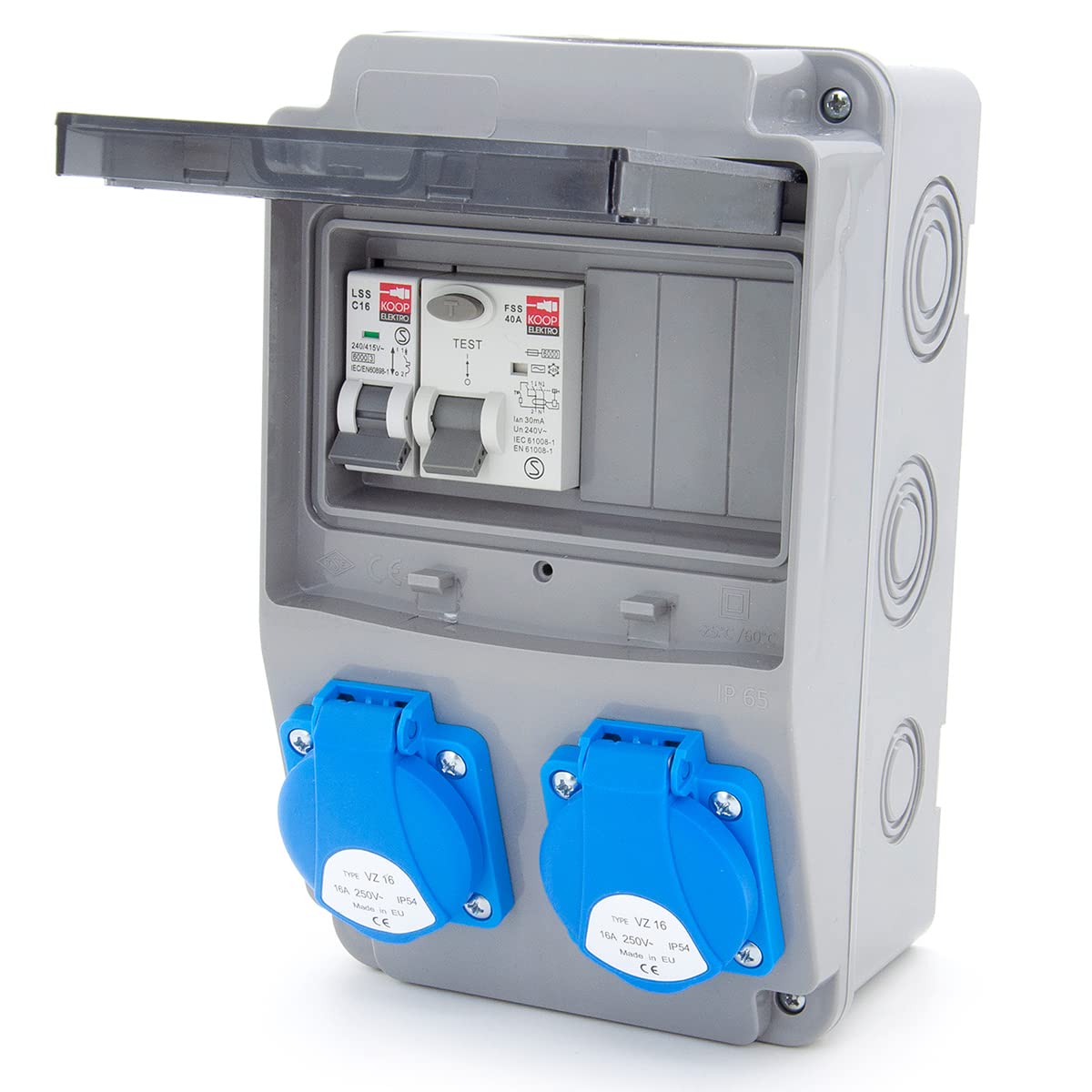 Distribuidor de corriente de obra 6NO 2 x 230 V + LS y FI cableado (2 x 230 V + 1 x LS C16 + FI40