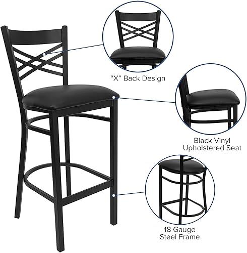Miniatura 5 de Flash Furniture HERCULES Series Black ''X'' Back Metal Restaurant Barstool - Asiento de vinilo negro