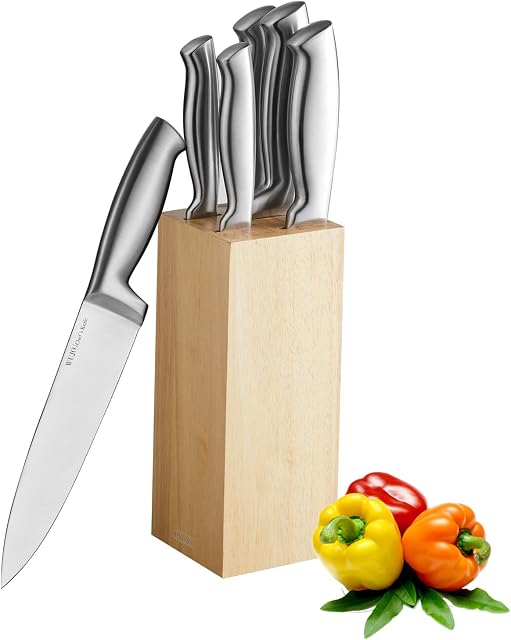 WUJO Kitchen Knife Block Set, Solid Wooden Block, 5-Piece Professional Stainless Steel Chef Knife Set with Sharp Blades,Smooth Handle