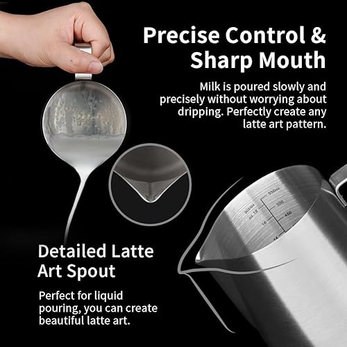 Miniatura 130 de watchget Jarra de espuma de leche de 11.8 fl oz/20.3 fl oz/30.4 fl oz/50.7 fl oz (12 oz/20 oz/32 oz/52 onzas) - Jarra de vapor de café