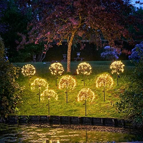 Joycome Solar Firework Lights 2 Pack 120 LED Solar Garden Lights, 8 Light Modes Solar Christmas Lights Outdoor Waterproof Solar Starburst Stake Lights for Fence Pathway Xmas Decorations (Warm White)