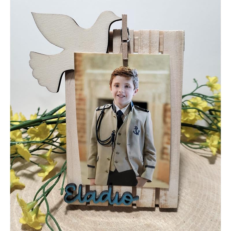 Pack de 20 Marco de madera personalizable con nombre en madera superpuesta de color a elegir y pinza, incluye foto de 10x5 cm para detalle de comunion, bautizo, etc