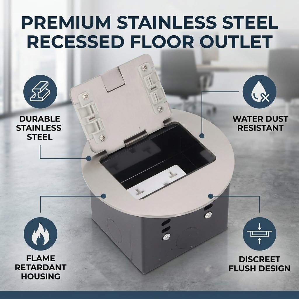 Stainless Steel Construction, Recessed Floor Outlet 20A 2500W 2 Sockets Round Floor Receptacle for Office Hotel School, Embedded Installation