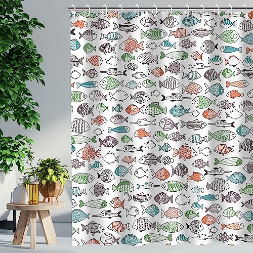 Image of RosieLily Colorful Fishes Shower Curtain, Kids Shower Curtains Set with 12 Hooks, Waterproof Shower Curtain for Bathroom, 72 x 78 Inch, Cartoon Fun Fishes Ocean Animals Bath Curtains