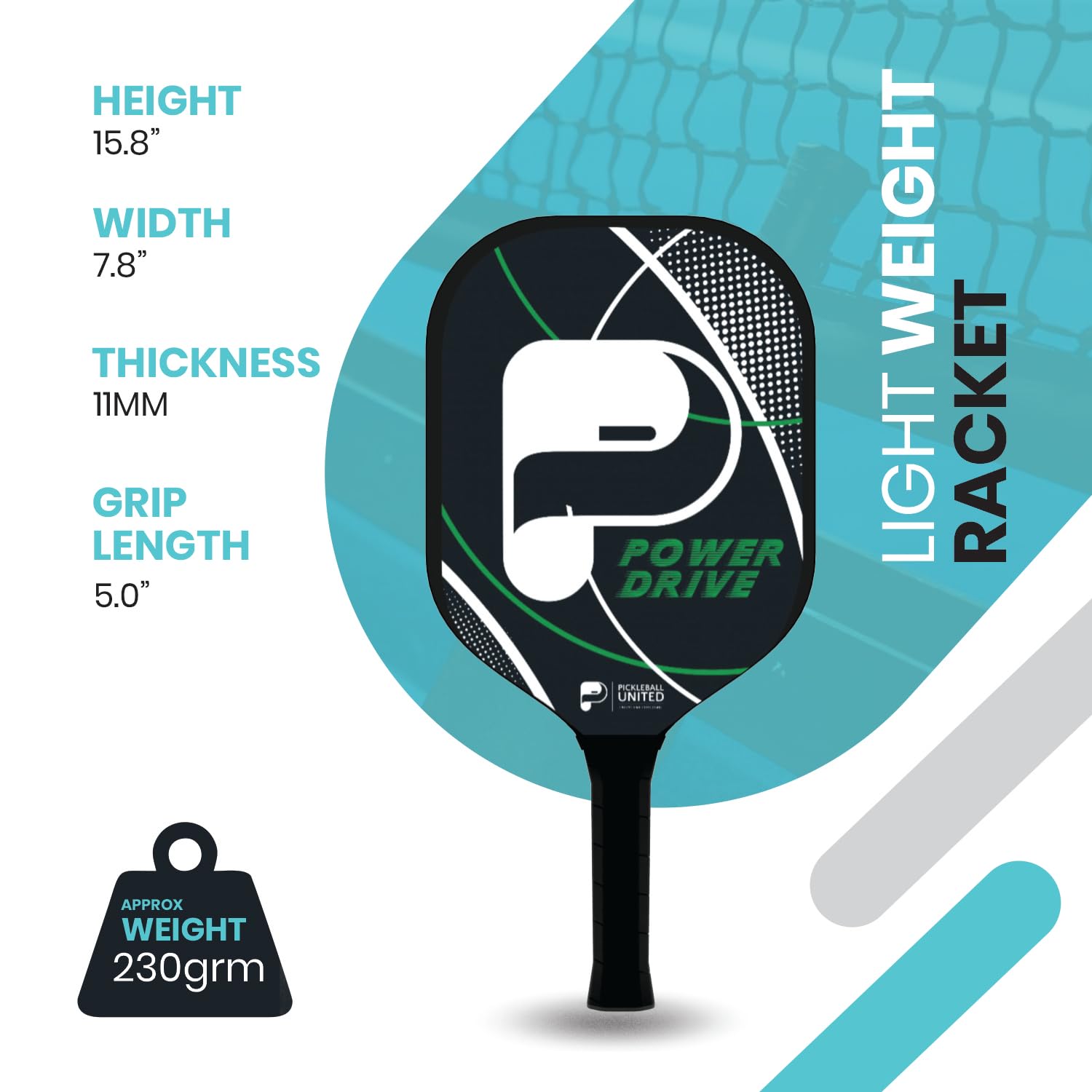 Pickleball United Powerdrive Pickleball Paddle Racquet, Firm Grip Lightweight Racket with Perforated Cork Sheet Surface| Indoor/Outdoor Play Compatible Side Edge Protection Ideal for Women and Men 3