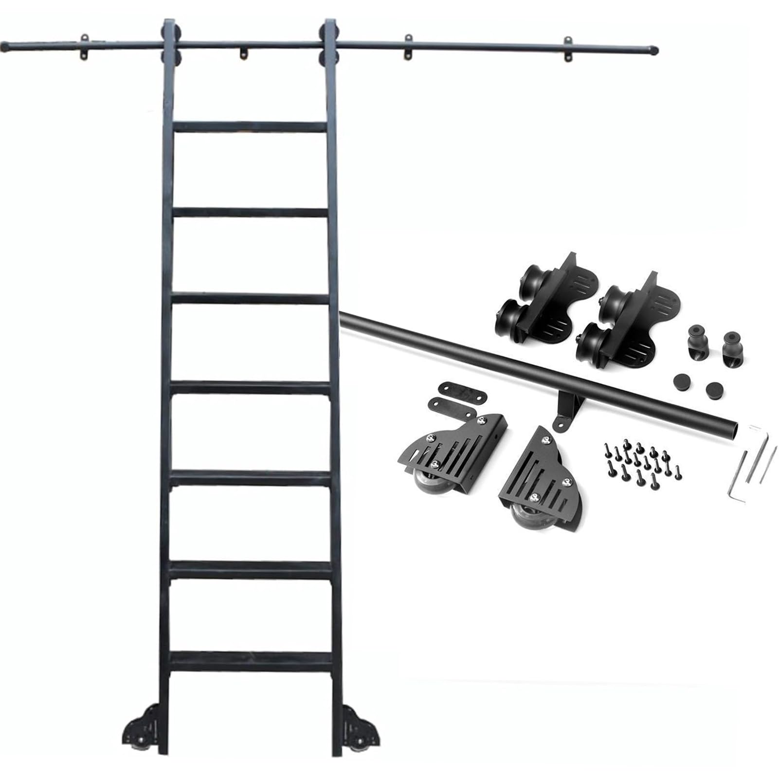 Kit Hardware per Scala Scorrevole per libreria Binario Scorrevole - Kit Completo di binari per Scala Scorrevole telescopica, con Ruote Inferiori con Freno (Senza Scala) Kit Binario