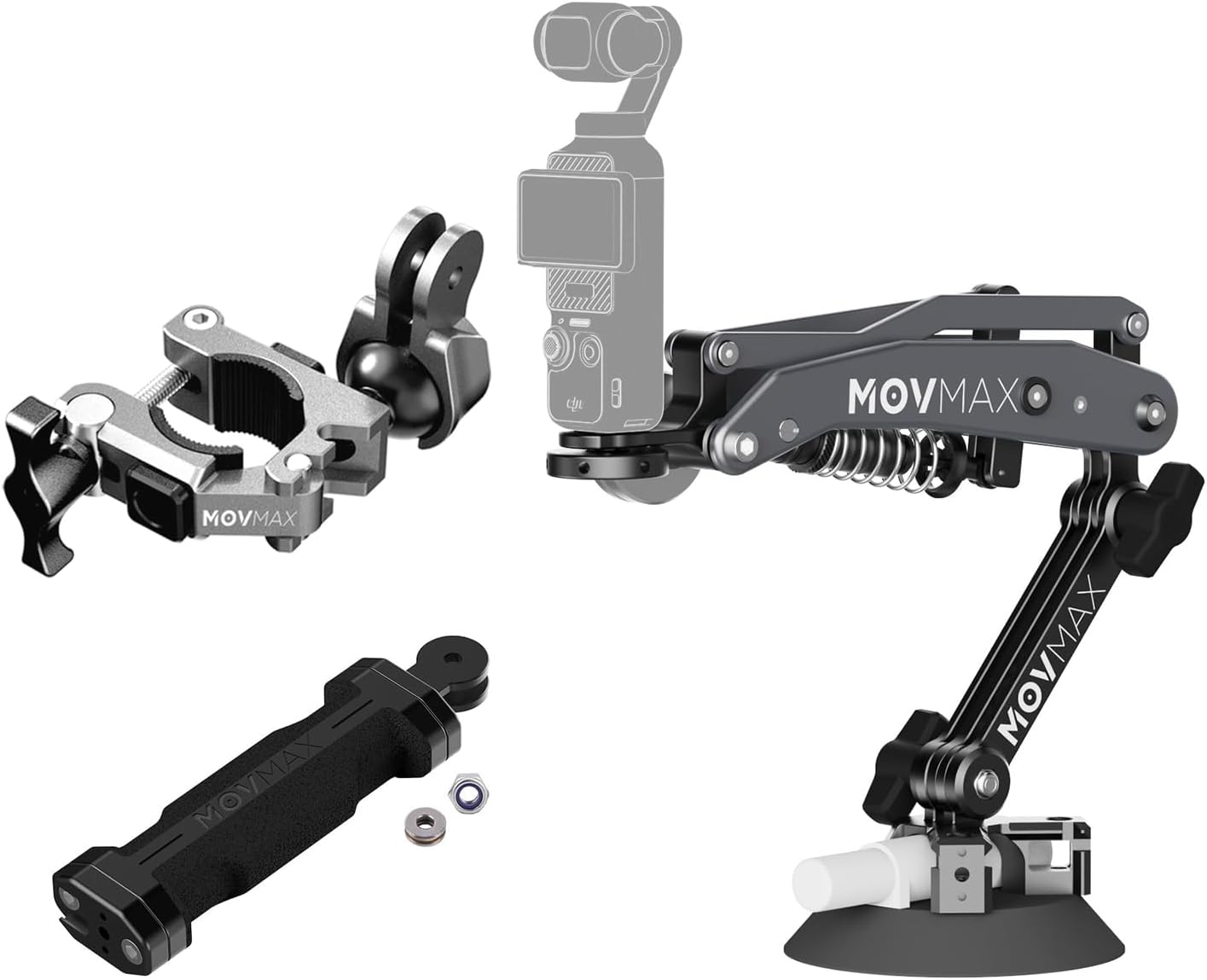 MOVMAX Blade Arm 3 in 1, Suction Cup(for Car)&Clamps Mount(for Motor/Bike)&Hand Grip(for handhold) Compatible with DJI Osmo Pocket 3