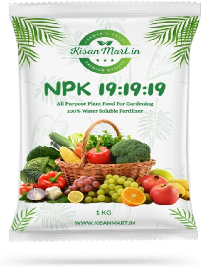 Kisanmart NPK19 Organic Fertilizer Mixture For Plants - 1 Kg | 100% Water Soluble I Complete Plant Food For Gardening, Growth Boost and Flowering | Foliar Spray