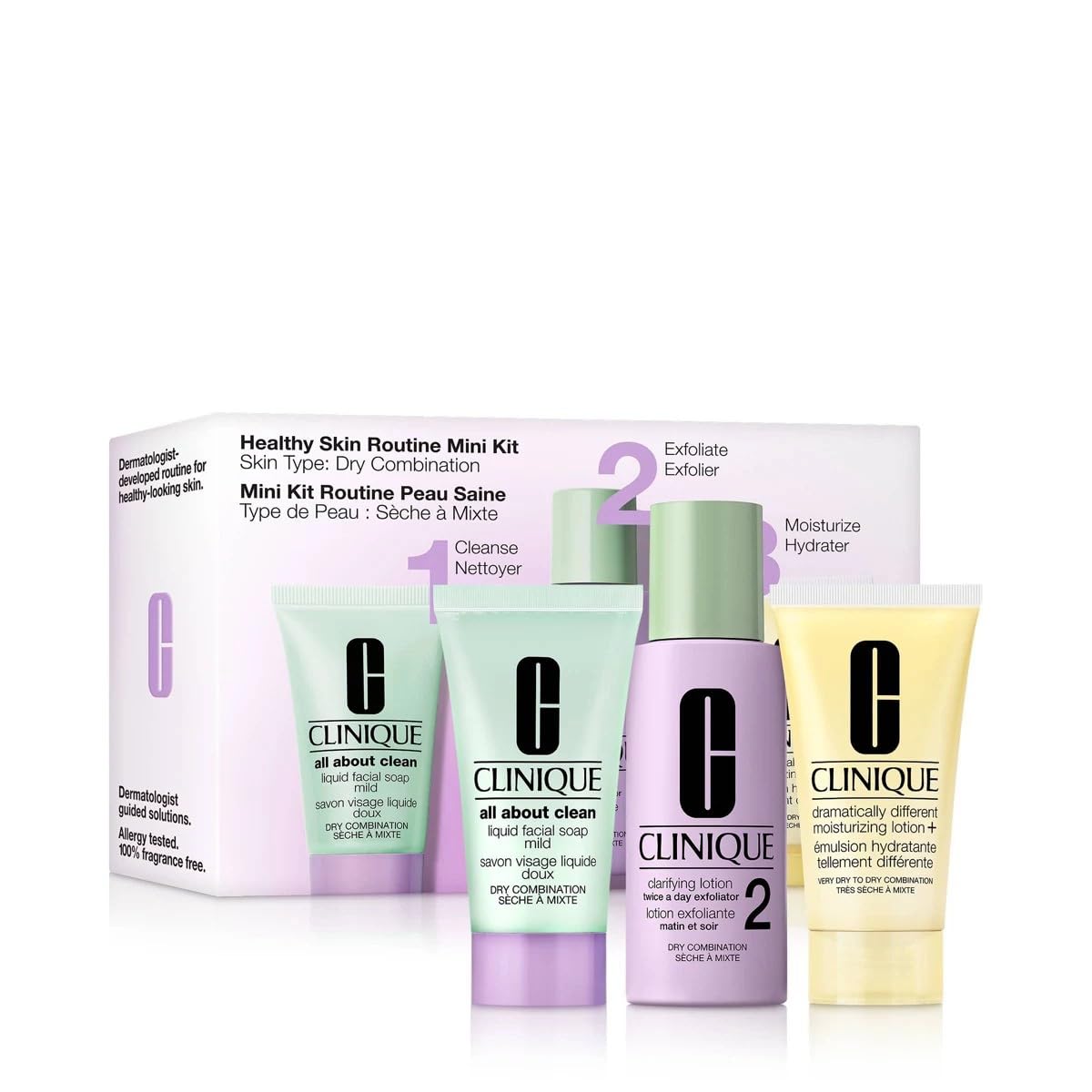 Clinique Healthy Skin Routine Mini Skincare Set for Dry Combination Skin| Cleanser, Exfoliator & Moisturiser