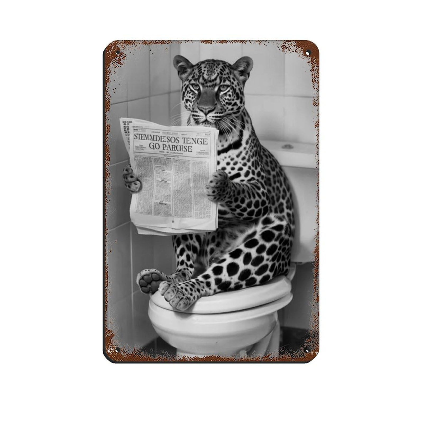 Leopard Sitting on The Toilet Reading A Newspaper Retro Poster Metal Tin Sign Chic Art Retro Iron Painting Bar People Cave Cafe Family Garage Poster Wall Decoration 8x12inch(20x30cm)