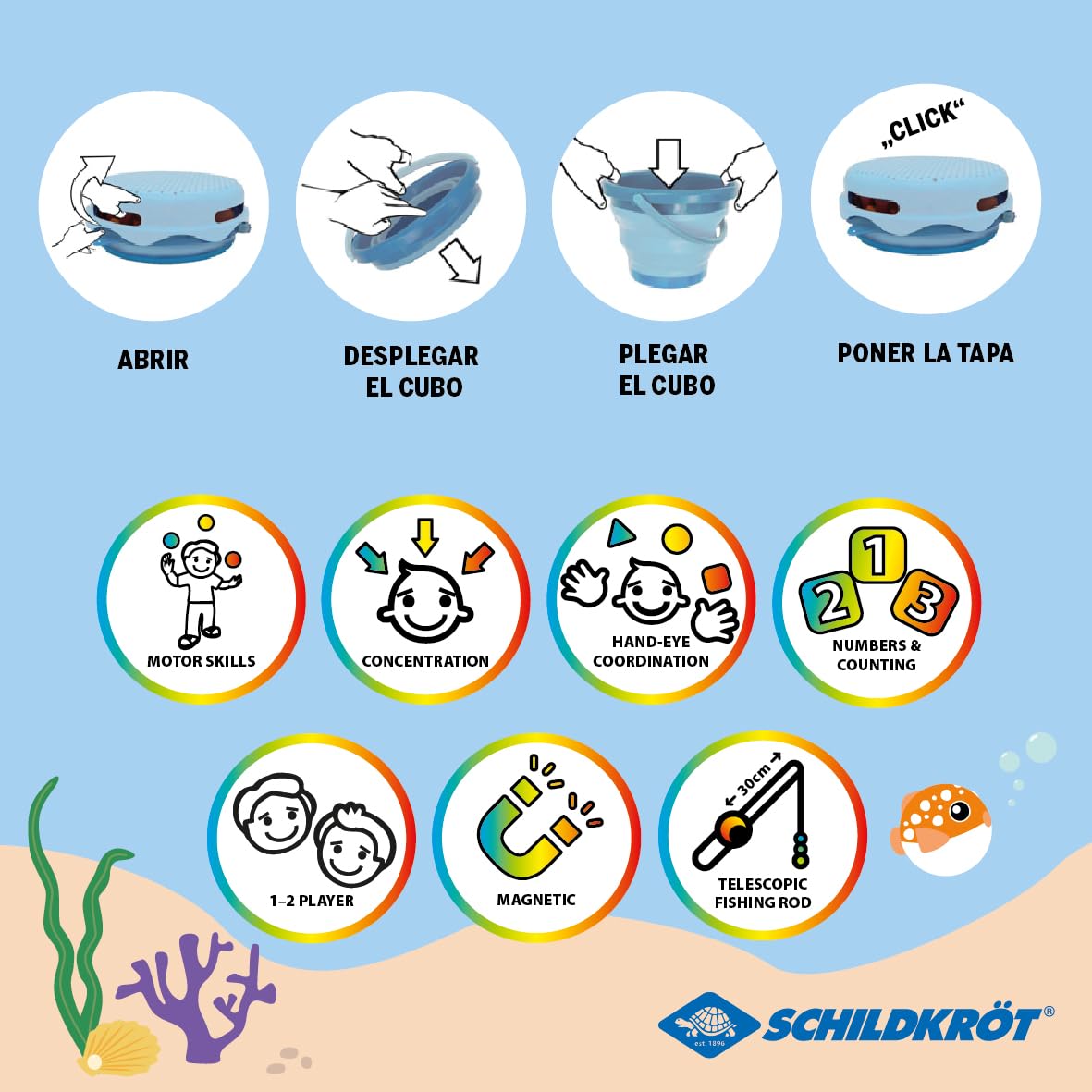 Schildkröt Juego de Pesca Magnético | Caña Telescópica | Cubo Plegable 3 L | Sin BPA | para Interiores y Exteriores | A Partir de 3 Años