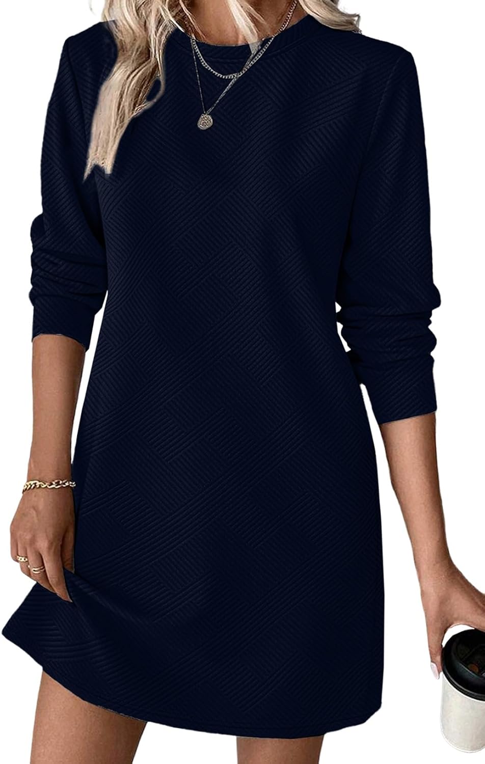 BLENCOT Womens Casual Pullover Sweatshirt Dress Crewneck Long Sleeve Trendy Fall Textured Solid Mini Dresses with Pockets