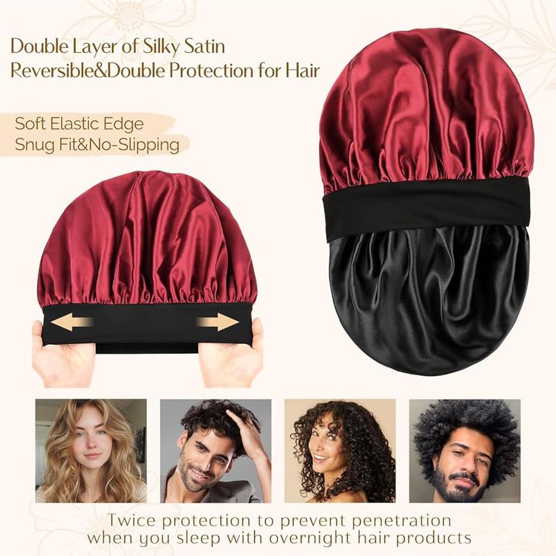 Image of Silk Bonnet for Hair, Adjustable Silk Hair Cap for Sleeping, Satin Bonnet for Curly Hair with Soft Wide Elastic Band, Satin Hair Bonnet For Men and Women(Red)