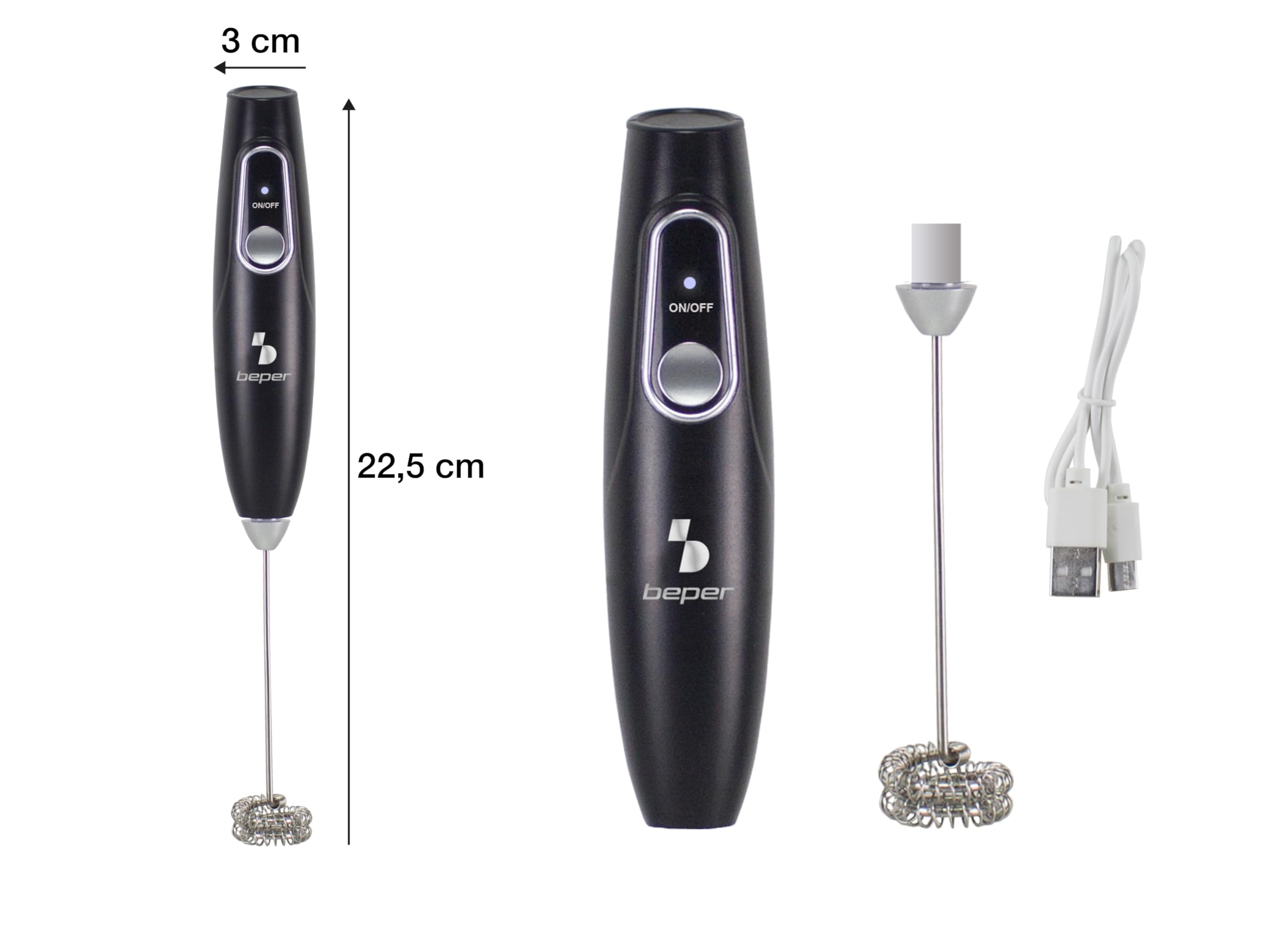 BEPER P102SBA009 Elektryczny spieniacz do mleka z akumulatorem, do mleka z wyjmowaną trzepaczką ze stali nierdzewnej, USB w zestawie, 40 minut pracy baterii, idealny do mleka, czekolady i cappuccino