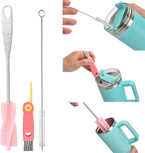 Juego de 3 cepillos de limpieza de botellas con mango largo, cepillo de silicona multiusos para limpiar huecos de botellas, cepillo de nailon para