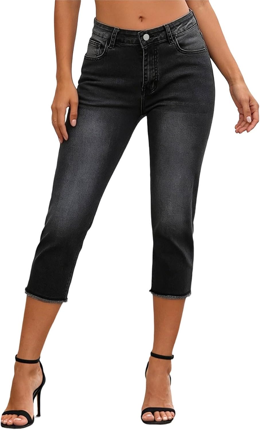Générique Women Stretch Capri Jeans Denim Pants Distressed Hem Washed Straight Leg