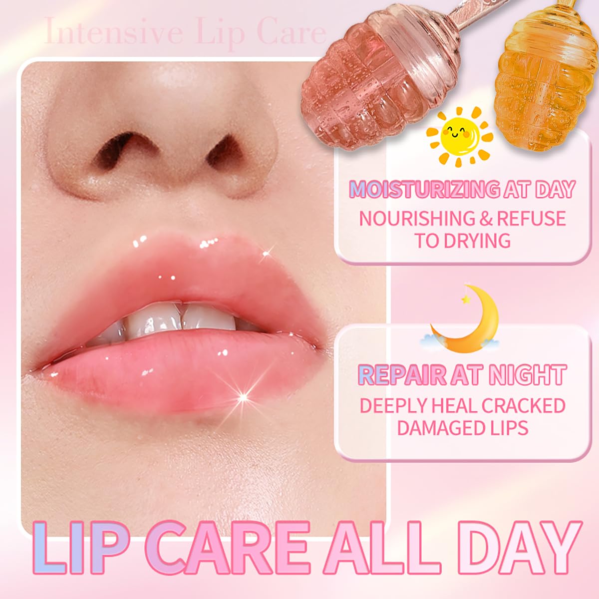 2 Pcs Natural Sleeping Lip Mask, Moisturizing Honey Lip Oil Lip Gloss, Long Lasting & Nourishing Lip Glow Oil, Hydrating & Prevention Dry & Cracked Lip Scrubs Exfoliator (Honey+Peach)