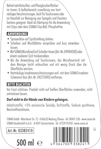 SONAX ScheibenKlar (500 ml) Scheibenreiniger zum Entfernen von Insektenverschmutzungen und Straßenschmutz von Fahrzeugscheiben und Scheinwerfern | Art-Nr. 03382410