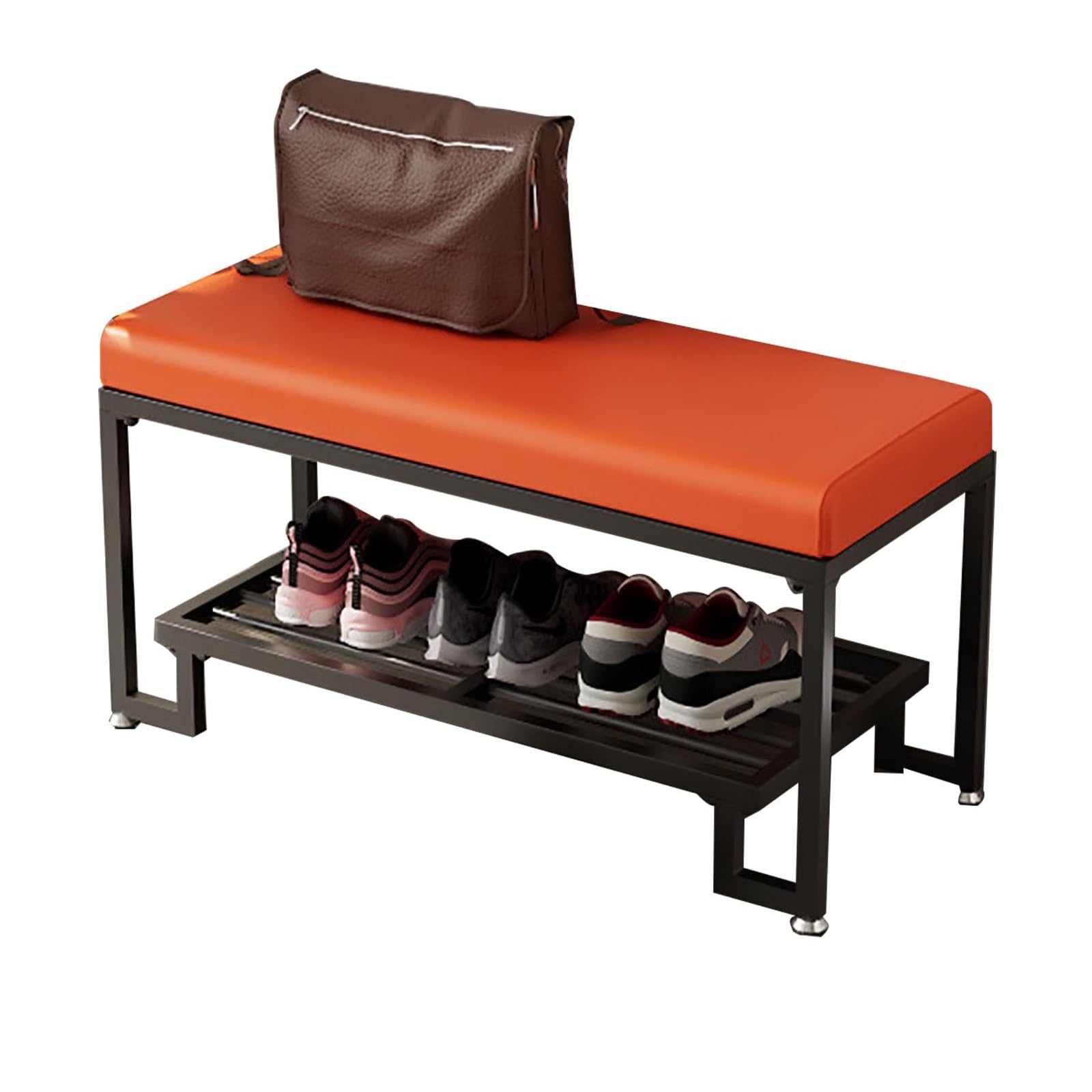 WJFTODAY Shoe Bench with Cushion & Storage Metal Upholstered Entryway Stylish Shoe Rack for Living Room Hallway Balcony 80cm Orange & Black Legs