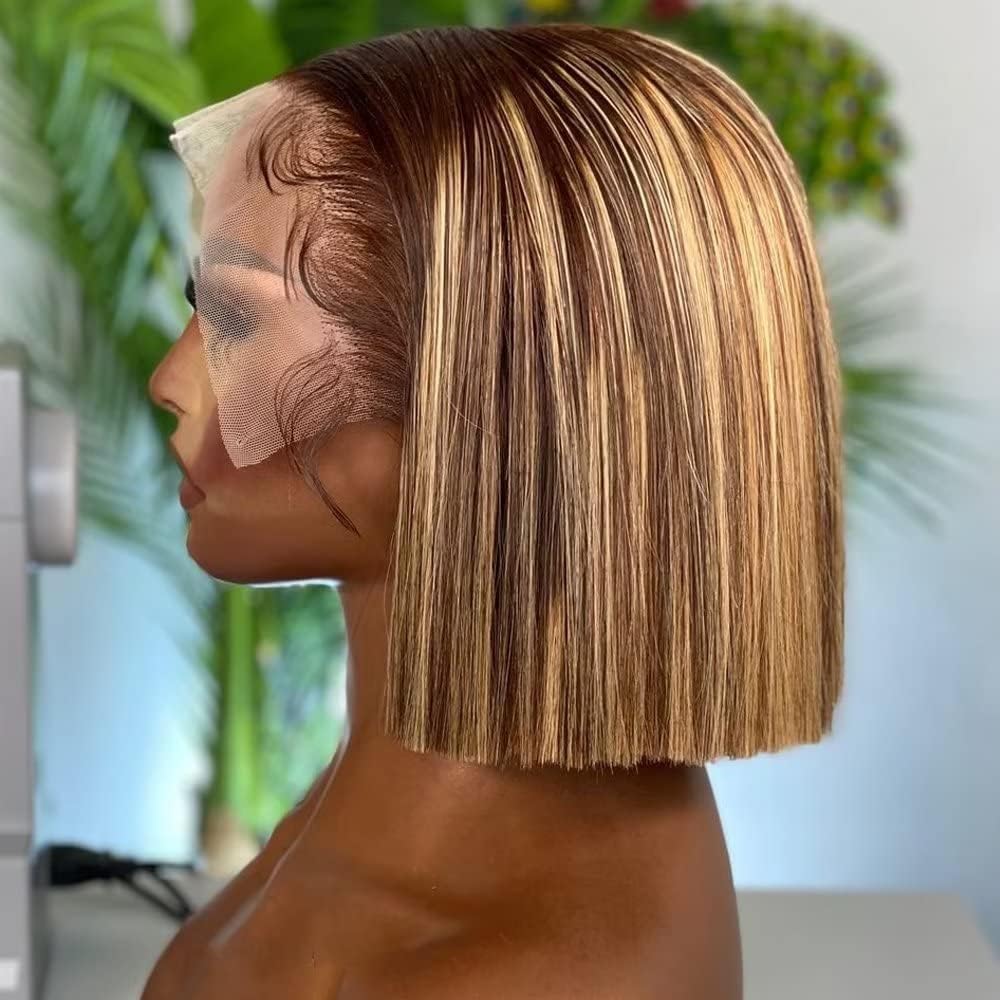 Highlight #4/27 Short Bob Straight Wig 13X4 HD Lace Front Wig with Baby Hair Pre Plucked 100% Virgin Brazilian Remy Human Hair Glueless 150% Density for Black Woman 12 Inch