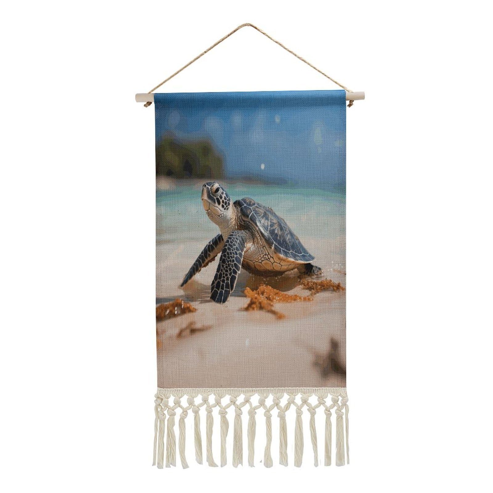 Adfgyerh Style Sea Turtle On The Beach Tapestry With Tassels Cotton And Linen Hanging Posters, Wall Art For Travel Gift, Wall Tapestry For Office Home Decor Bedroom Living Room Decor