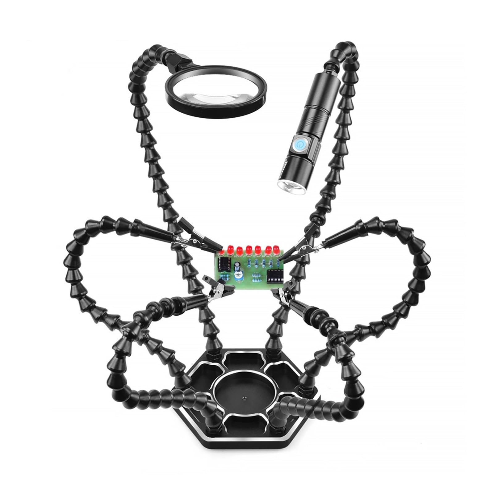 Saldatura Terza Mano Strumento, Stazione di Supporto for Saldatura con Lente d'Ingrandimento a 6 Bracci e Torcia USB Blu/Nero(Black)