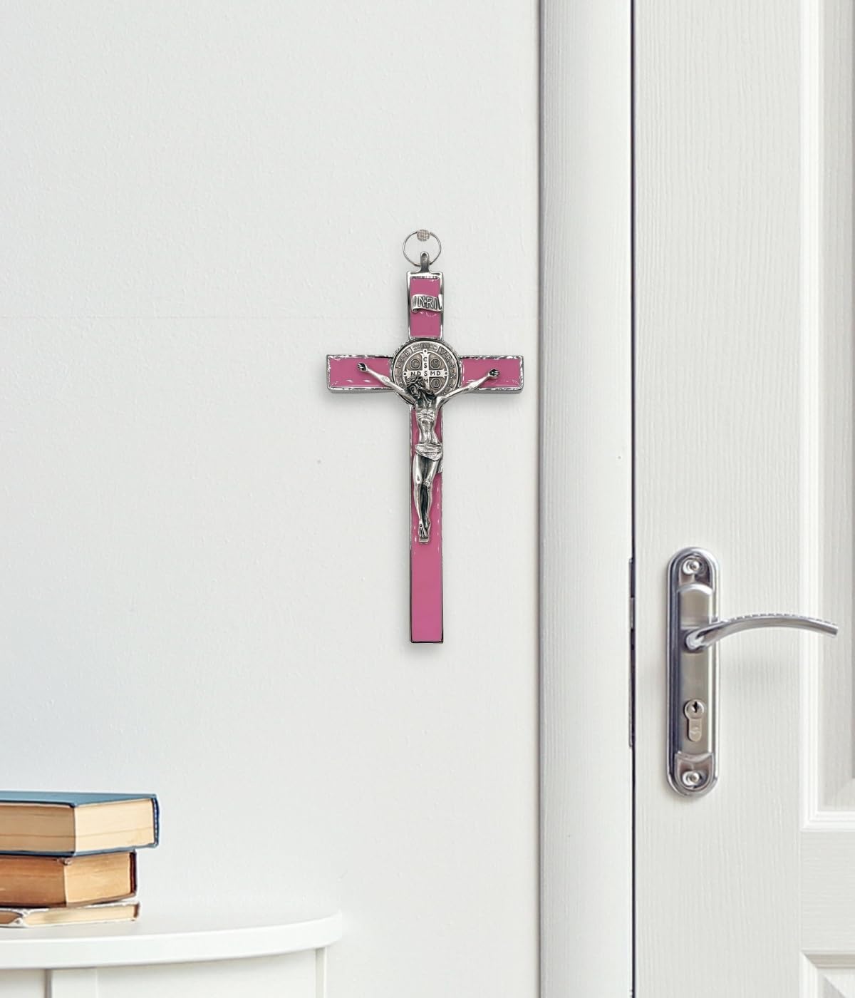 St. Benedict 8 Inch Oxidized & Pink Enamel Crucifix Wall Cross - Catholic Office Decor, Spiritual Protection