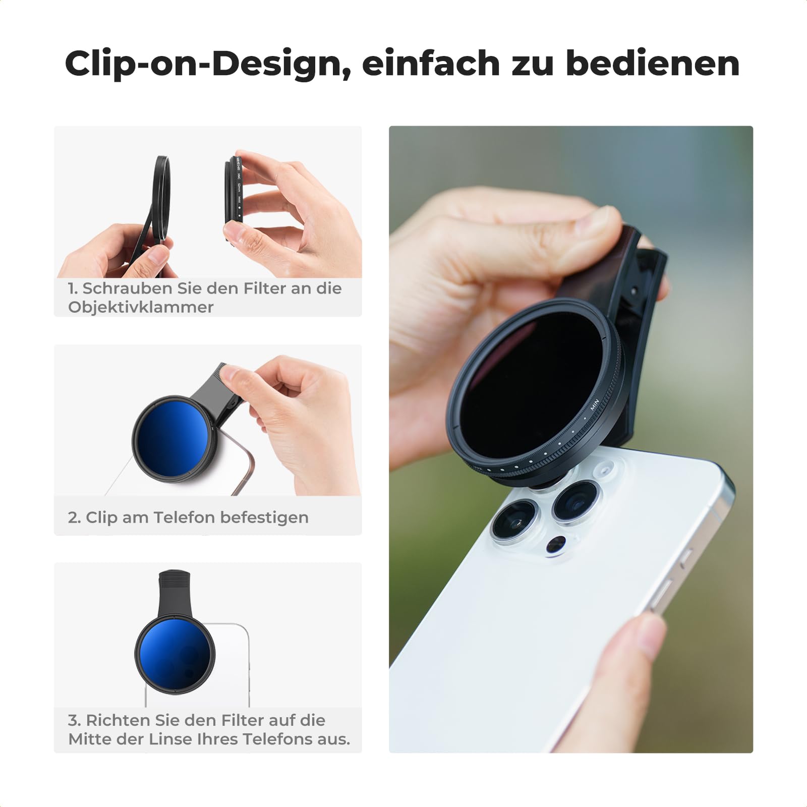 K&F Concept Universell Handykamera Objektivset, Filter für Handykamera, 52mm Varibaler ND2-ND400, nur für iPhone