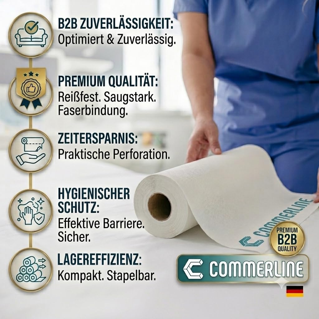 Commerline Rollos Médicos | 6 Rollos | 50 cm x 50 m 2 Capas | Cubierta Desechable Para Tumbonas | Fundas Blancas De Alta Calidad | Higiénicos | Ideal Para Consultas, Médicos, Masajes, Cosméticos | Cojín desechable de 2 capas para tumbonas de examen y masa