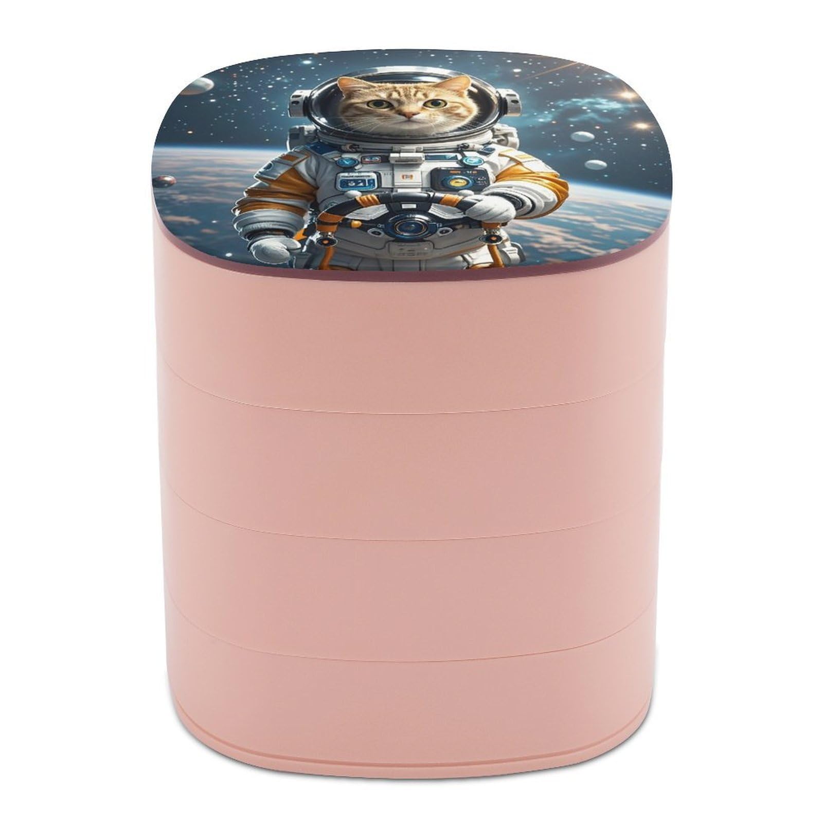 VstaDank Astronaut Cat in Space Jewelry Box with Mirror Travel Small Jewelry Case for Women 4-Layer Rotatable Jewelry Organizer Storage Box Portable Jewelry Storage Case for Rings Earrings