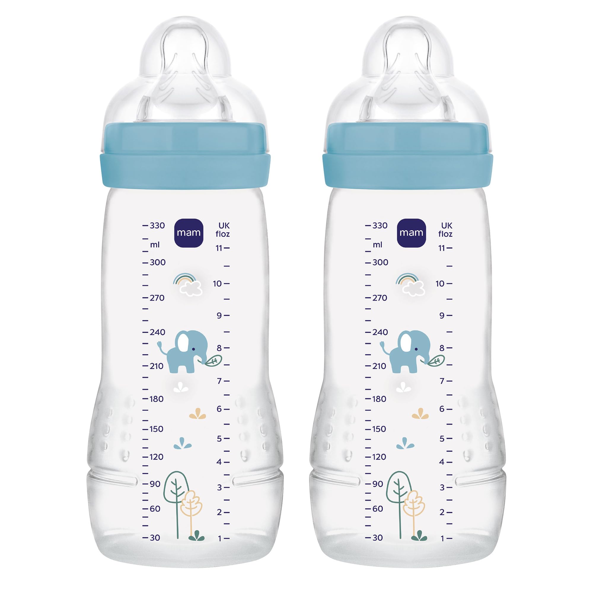 MAM Pack 2 Biberones, a partir de 4 Meses, 330ml, con Tetina 3 de Flujo Rápido de Silicona de Fácil Aceptación, Fácil de Sostener, Fácil de Limpiar, MAM Easy Active, Azul Brillante, Pack de 2uds