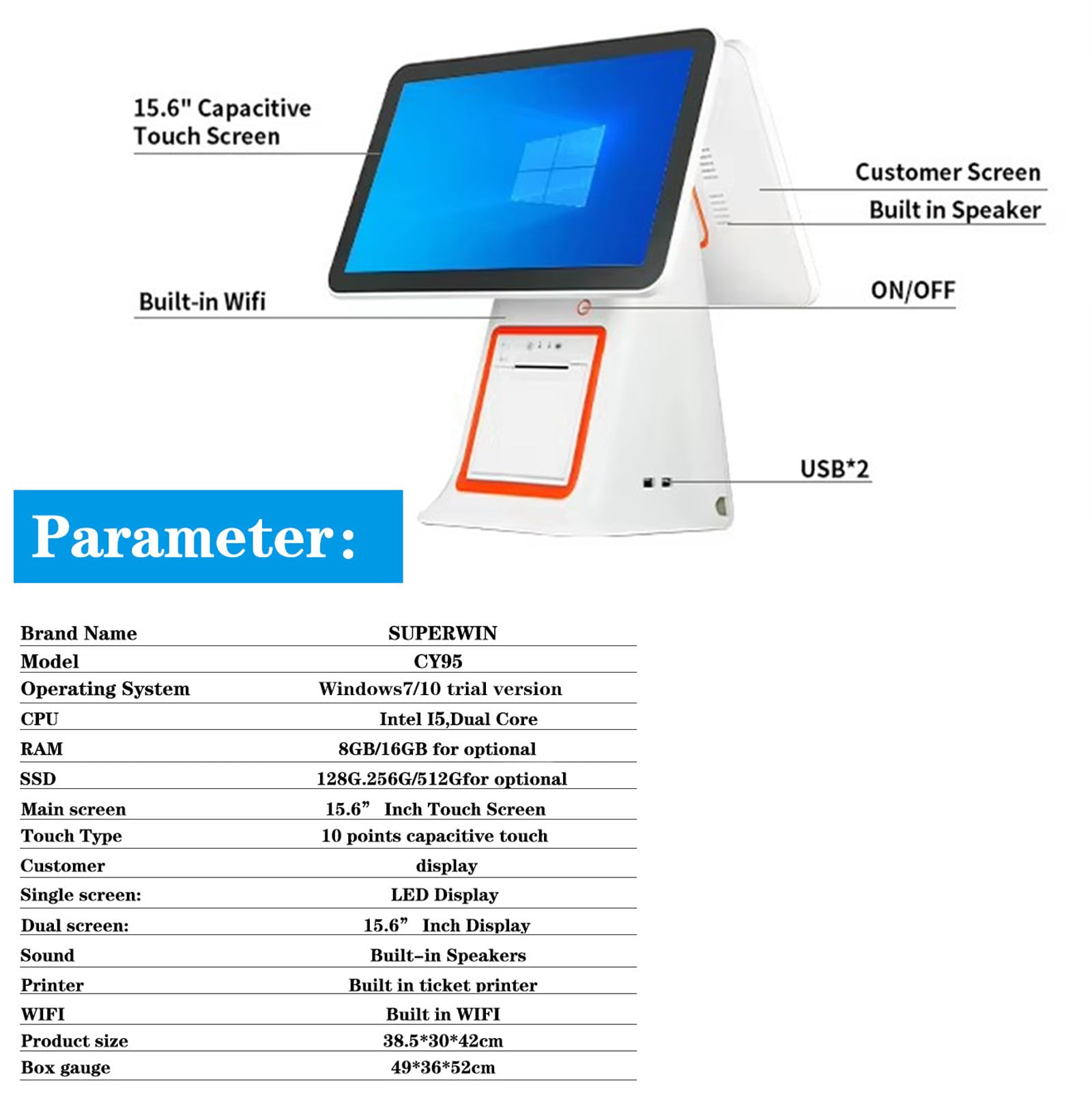 Registratore di cassa All-in-One, con doppio touch screen da 15,6", stampante termica da 58mm integrata, registratore di cassa POS per piccole imprese, supporta Windows/Android, 30+ lingue,White