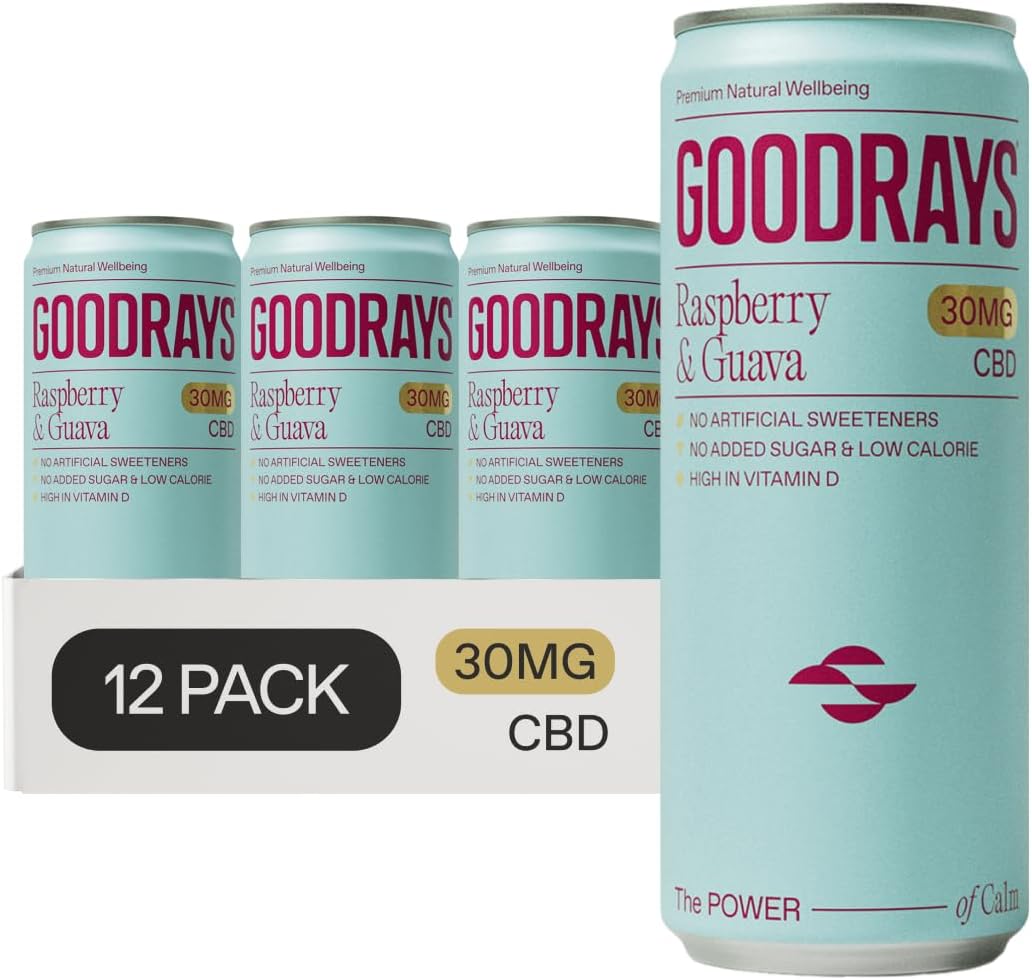 GOODRAYS CBD Drinks, Sparkling Low Calorie Soft Drink, Natural Sleep Stress and Anxiety Relief, Vegan, Raspberry & Guava, 12 x 250ml Cans, Packaging May Vary