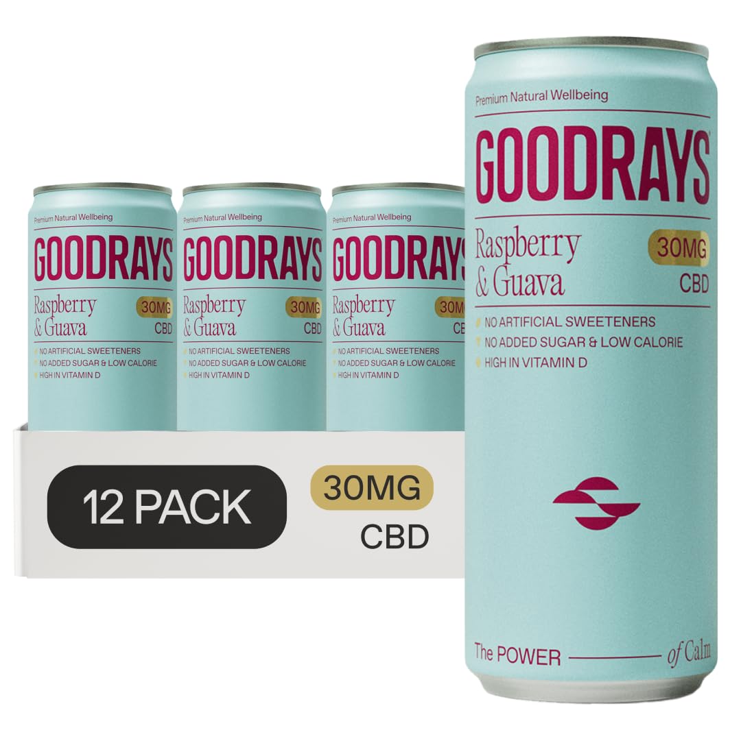 CBD Drinks, Sparkling Low Calorie Soft Drink, Natural Sleep Stress and Anxiety Relief, Vegan, Raspberry & Guava, 12 x 250ml Cans, Packaging May Vary