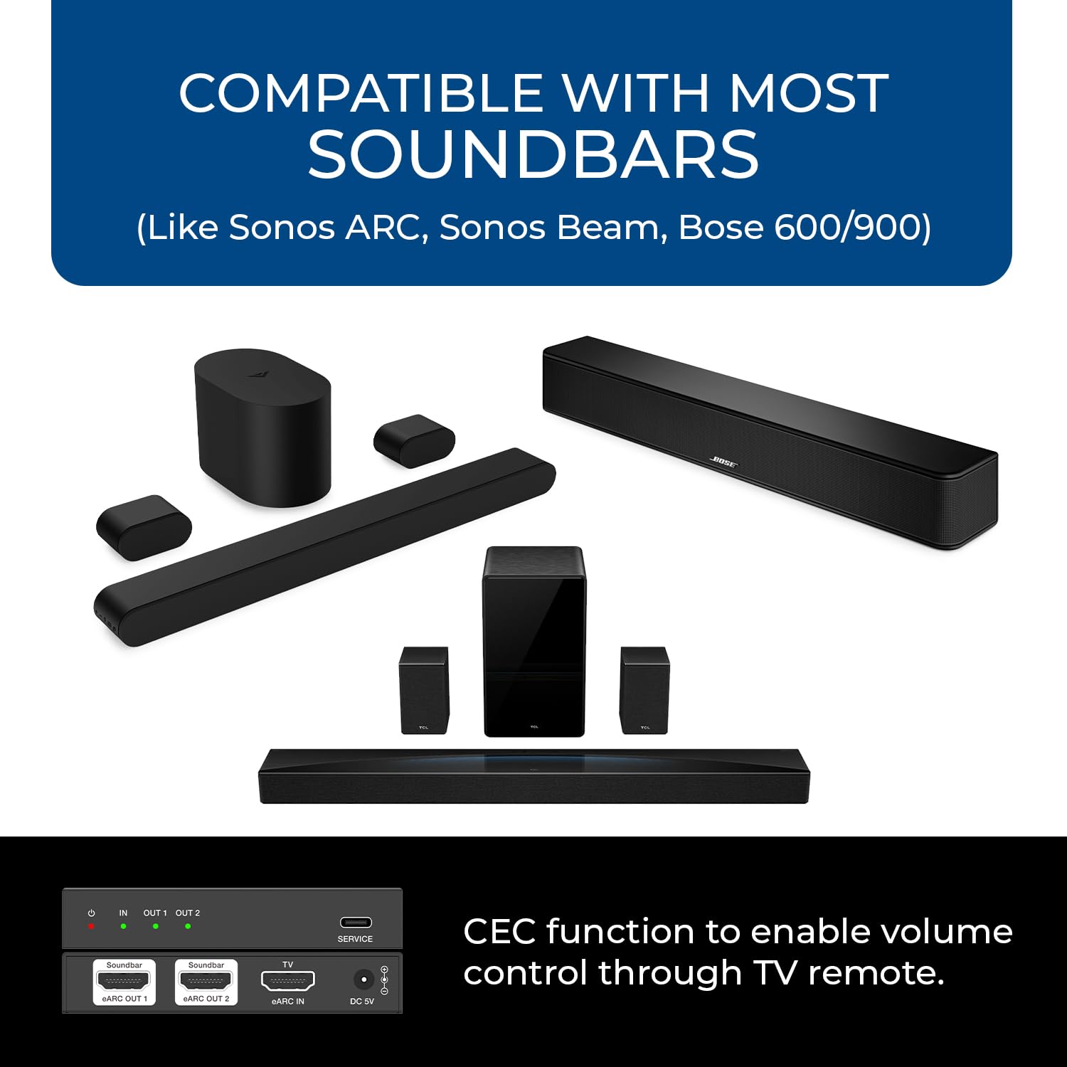 OREI eARC - Divisor de audio 1 en 2 salidas - Extractor y divisor de audio HDMI ARC/eARC, Dolby Atmos, DTS:X, TrueHD, control de volumen CEC, adaptador de audio de barra de sonido dual