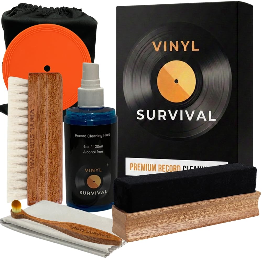 Kit di sopravvivenza in vinile, pulizia superiore dei dischi, 5 in 1, spazzola in legno duro morbido velluto, spazzola in pelo di capra naturale, spazzola in legno duro, liquido detergente per dischi,