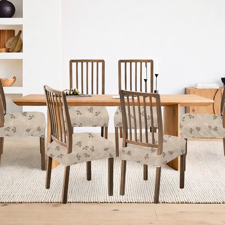 Image of Stretchable Dining Chair seat Cover Set of 6 Seater Elastic Washable Chair Protector for Dining Room, Office and Restaurant, Universal fit Printed Spandex Fabric-Beige Cream