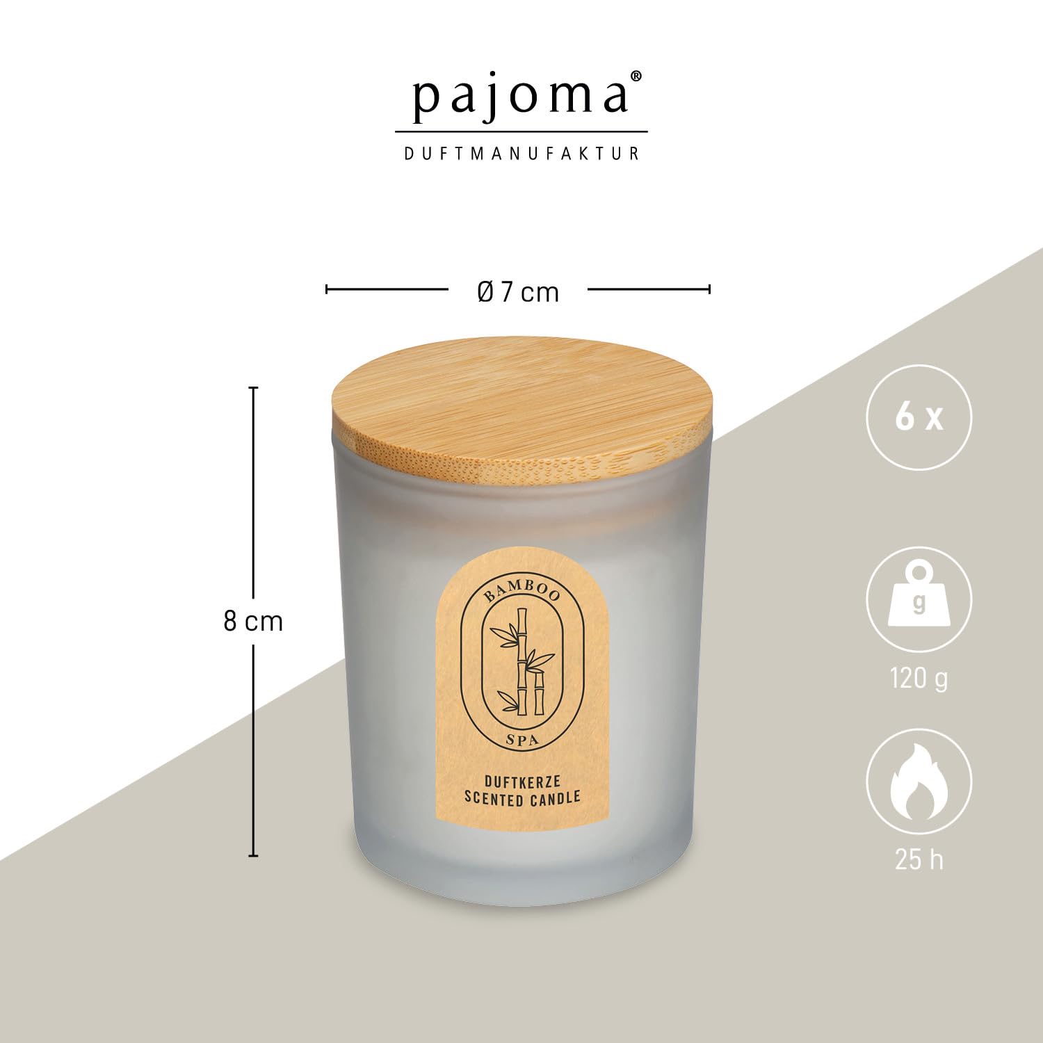 pajoma® 6x Duftkerze Bambus 120g Wachs Bamboo im satinierten Glas (H: 8 cm) mit Bambusdeckel | ca. 25h Brenndauer - natürlicher Spa-Duft | stilvolles Design & perfekt für Zuhause oder als Geschenk